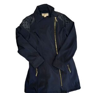 Michael Kors Parka Rain Coat Women's Size S Black Quilted Shoulder Full Side Zip